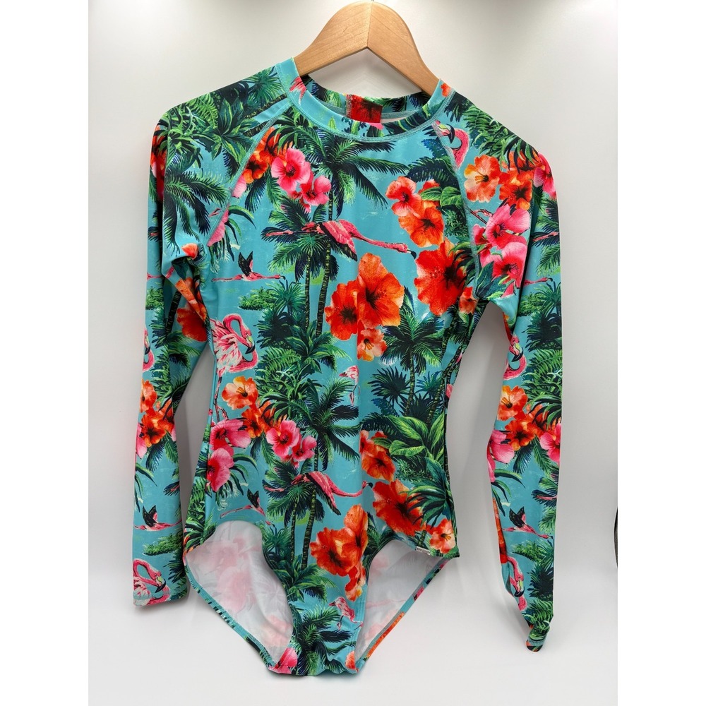 AXESEA Long Sleeve Swimsuit Women 10 Tropical Floral Flamingo Zip Rashguard Surf